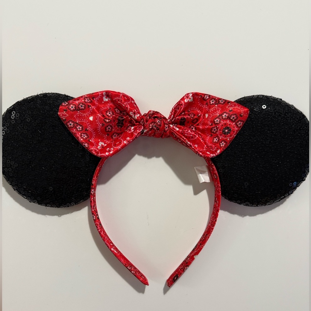 Disney Black Sequin Minnie Ears Headband with Red Bandana Bow